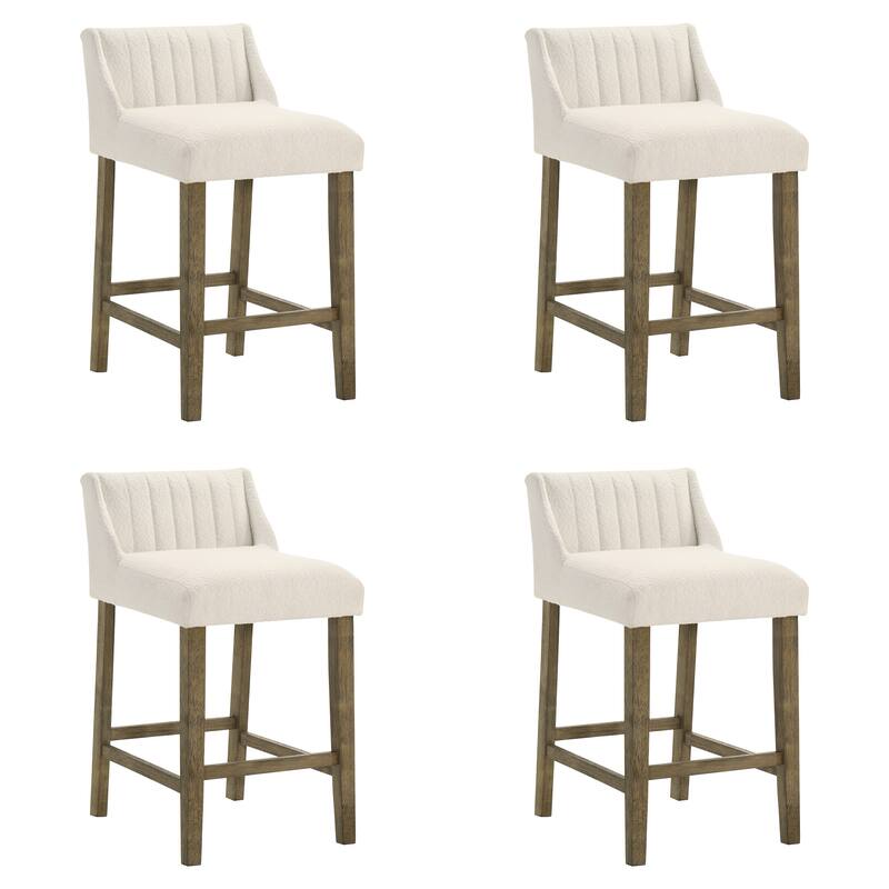Fauna Low-Back Boucle Bar Stool, Upholstered Counter Height Kitchen Barstool with Wood Legs - Set of 4 - Putty Brown - Counter Height