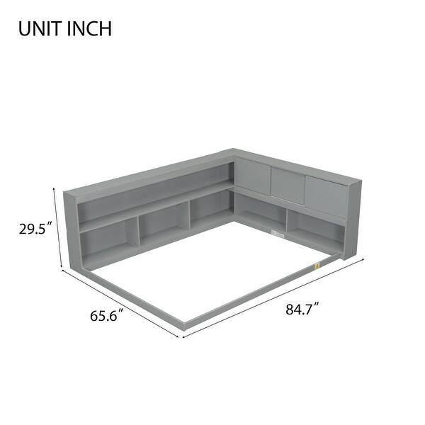 Grey Full Size Wood Floor Bed with L-shaped Bookcases, Sliding Doors, without Slats