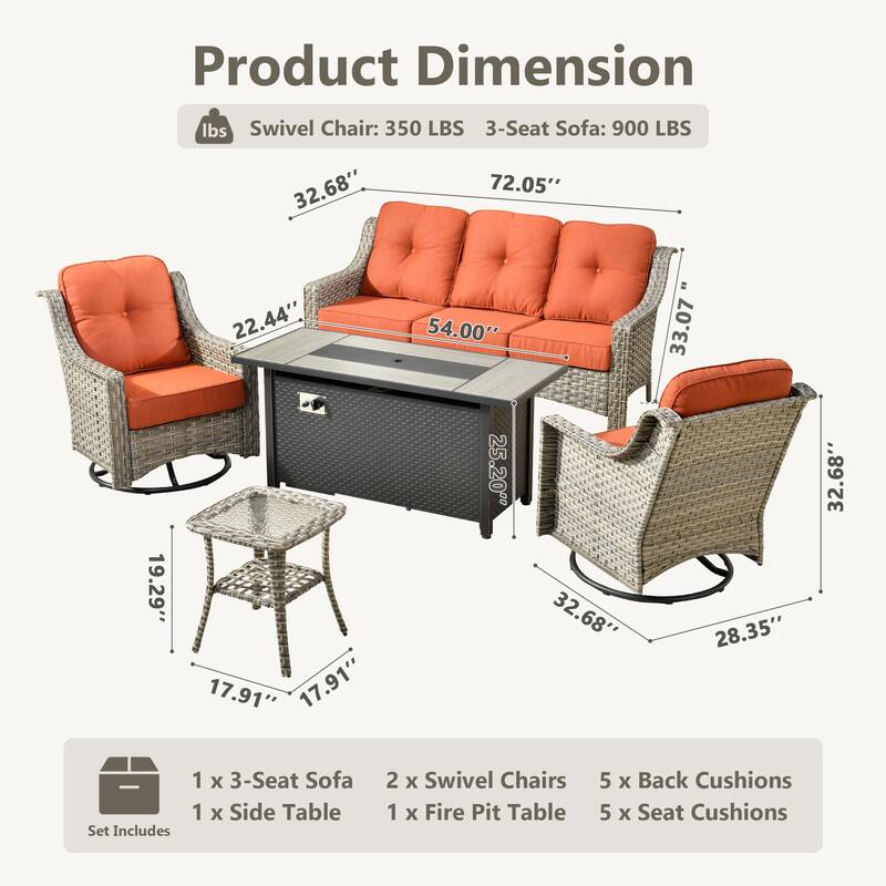 HOOOWOOO 5-piece Rattan Outdoor Patio High Back Swivel Chair Set with 54"Fire Pit