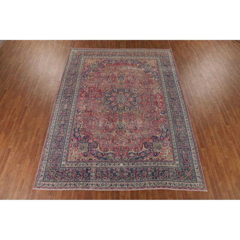 Distressed Mashad Persian Antique Area Rug Hand-Knotted Wool Carpet - 9'5" x 12'5"