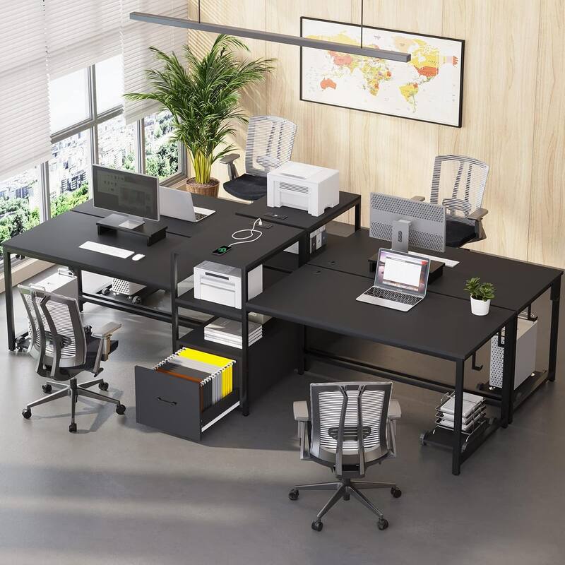 Two Person Double Computer Desk LED Gaming Desk 2 Storage Shelves