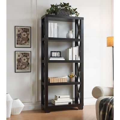 Versatile Wooden Bookcase with X-Brace and Four Tall Shelves