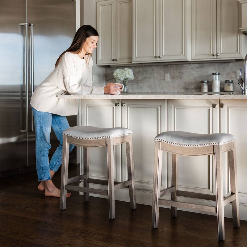 Maven Lane Adrien Backless Saddle Kitchen Counter Stool in Walnut Finish w/ Grey Fabric Upholstery