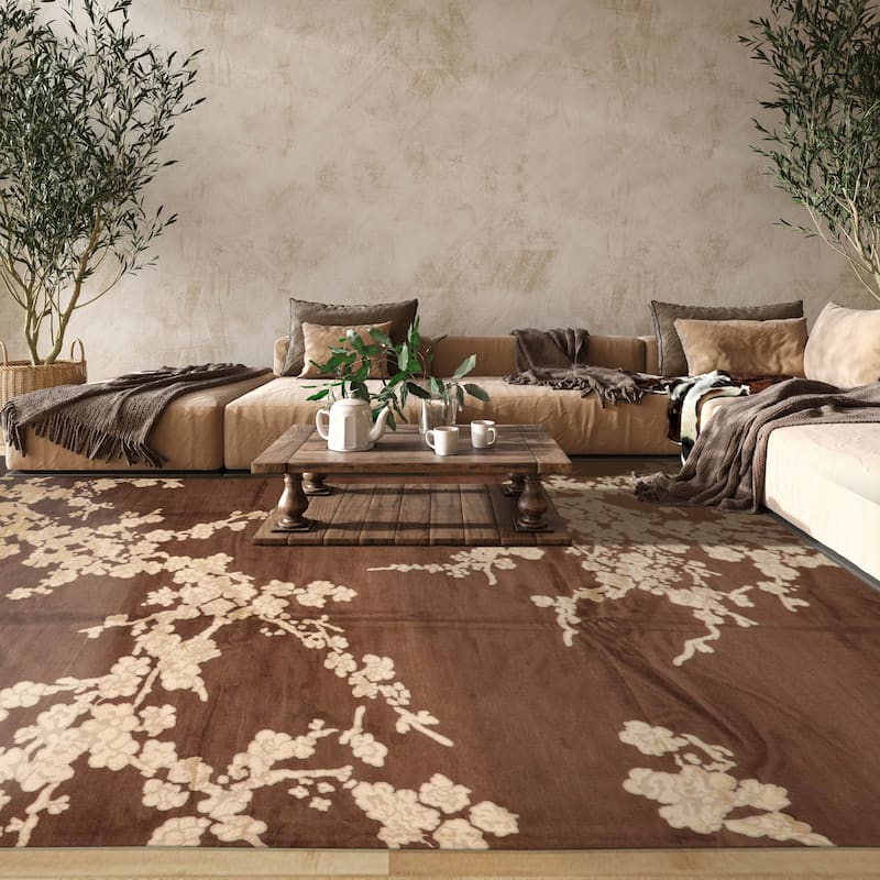 Hand Knotted Brown,Beige Tibetan Wool & Silk Modern Oriental Area Rug - 10' 2'' x 14'