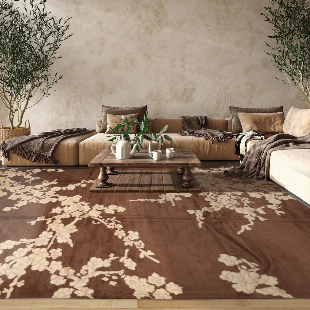 Hand Knotted Brown,Beige Tibetan Wool & Silk Modern Oriental Area Rug - 10' 2'' x 14'