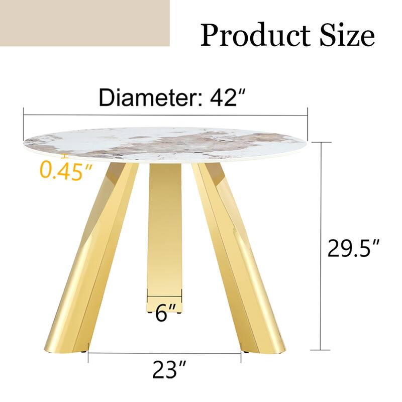 A 42-Inch Round Table with Stainless Steel Legs and a Marble Top, Perfect for 4 to 6 People.