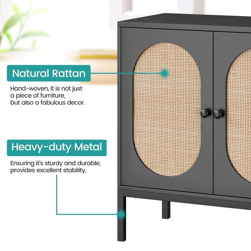 Rattan Buffet Cabinet with Natural Rattan Doors, Sideboard Storage Cabinet with Adjustable Shelf