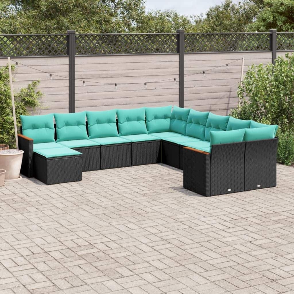 vidaXL 11 Piece Patio Sofa Set with Cushions Black Poly Rattan