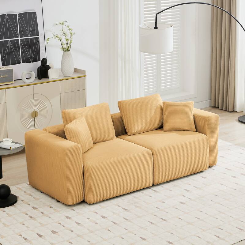 Corduroy Sectional Modular Sofa with Square Arms & Ottoman Extension for Flexible Arrangements