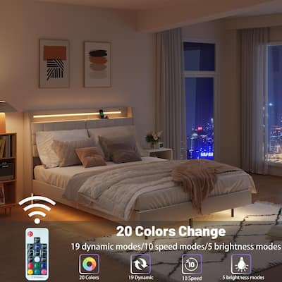 Beige Upholstered Wingback Bed Floating Bed Frame with LED Light, Charging Station, Flap Storage Headboard, No Box Spring Needed