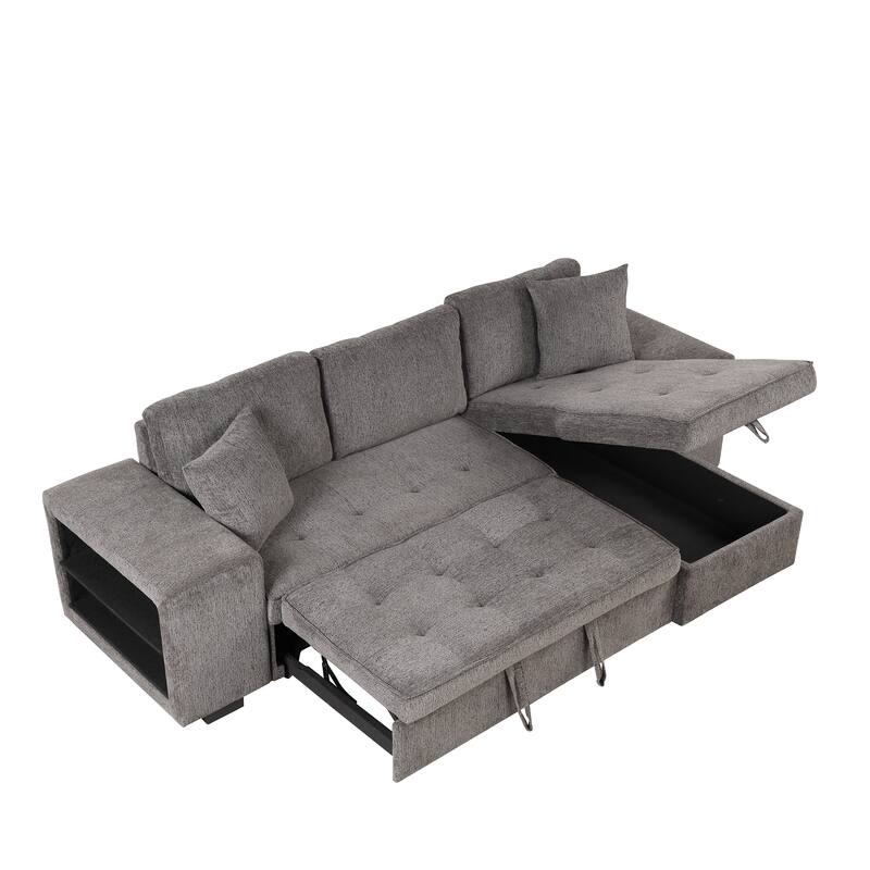 Modern L-Shape 3 Seat Reversible Sectional Couch, Pull Out Sleeper Sofa with Storage Chaise and 2 Stools