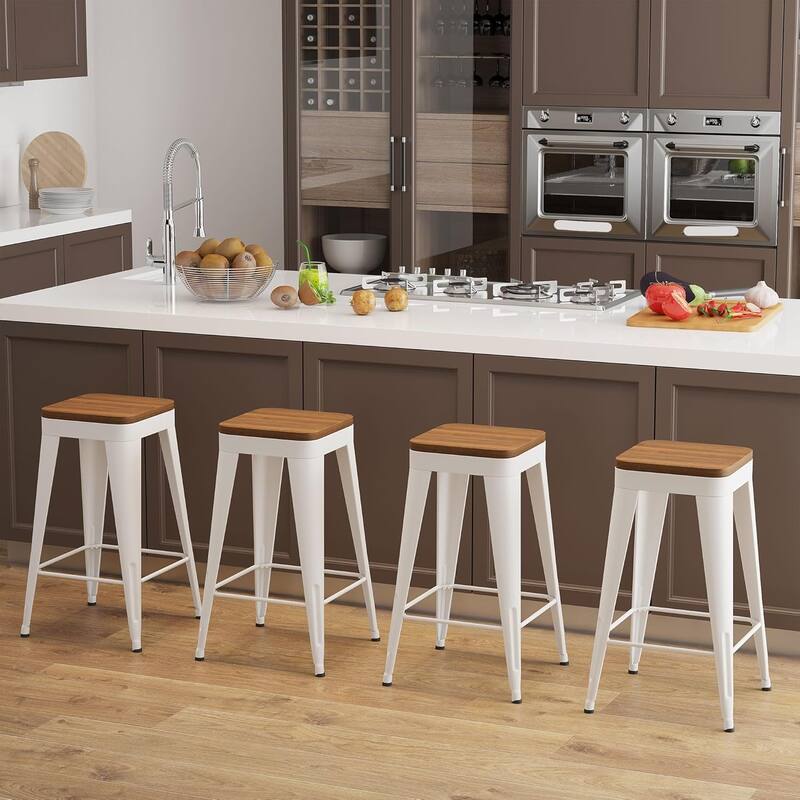 Counter & Bar Stools with Metal Frame Kitchen Stools Backless Kitchen Bar Furniture Stools with Square Wooden Seat - Off-White - Set of 4 - Bar Height