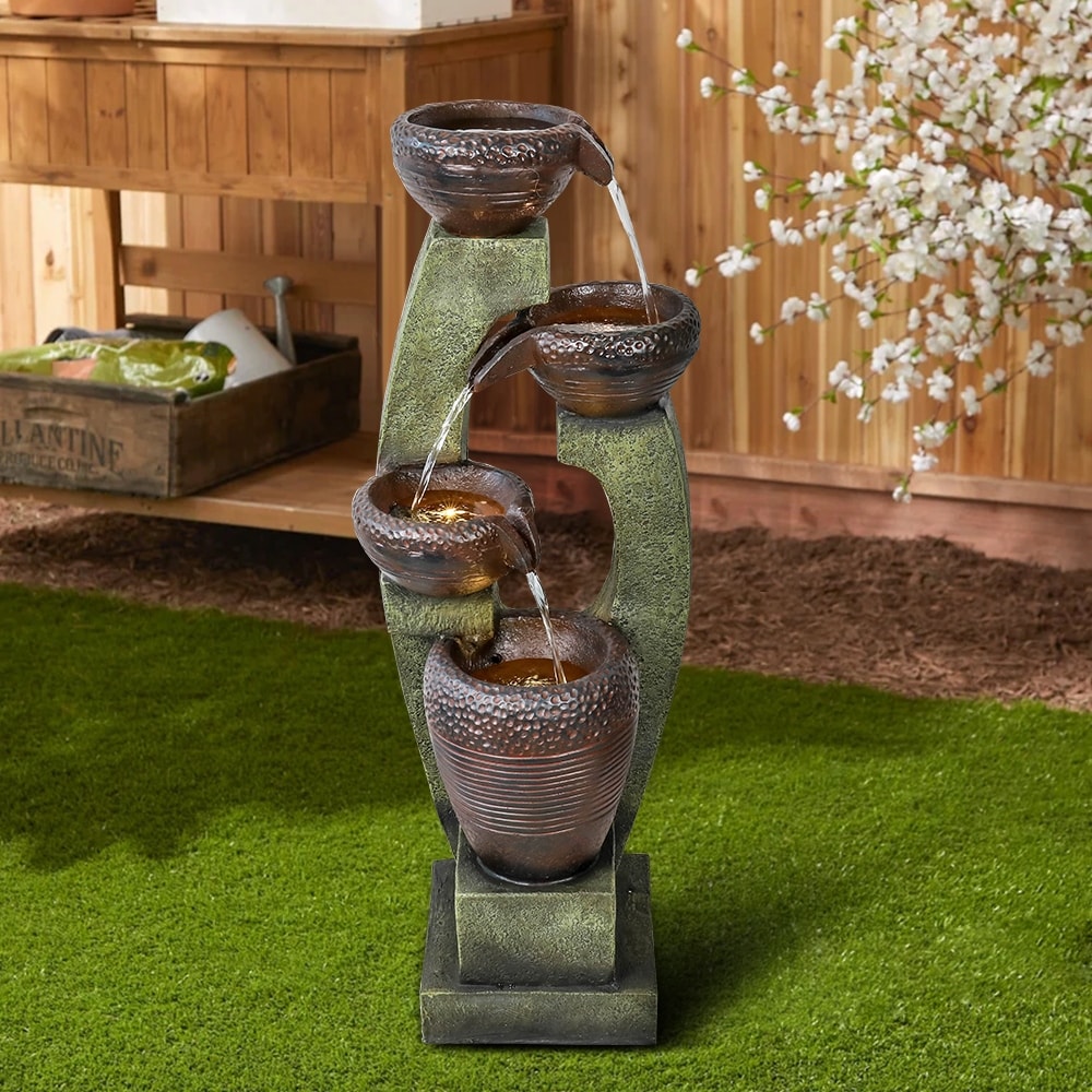 SunJet 40'' H Modern 4-Tier Outdoor Fountain with LED Lights - 40'' H X 14'' W X 14'' D