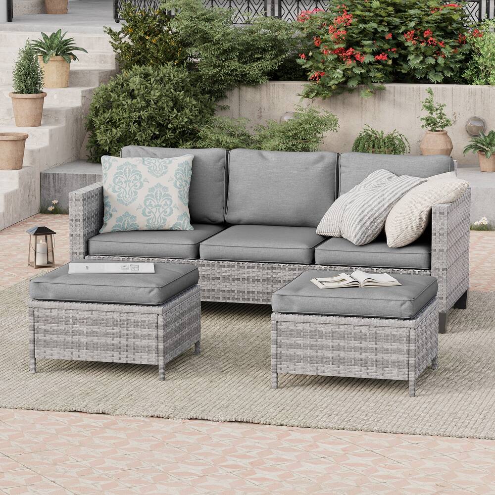 BONOSUKI 3-Piece Patio Sofa Set Grey Rattan Furniture with Ottomans