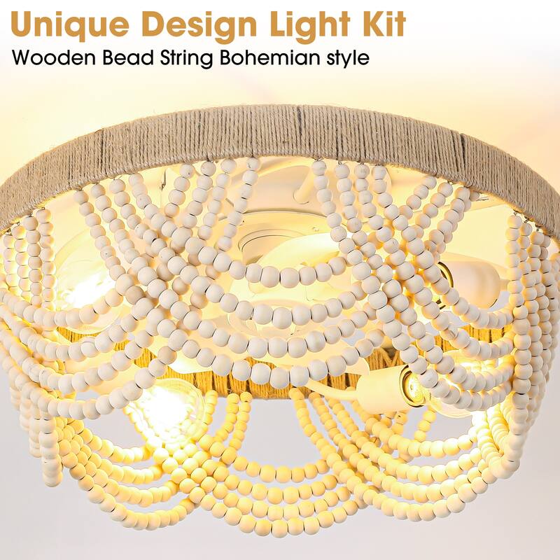 20" Bohemian Wood Beaded Beige Smart Ceiling Fan with Remote and Light, APP Control - 19.7" D x 19.7" W x 10.1" H