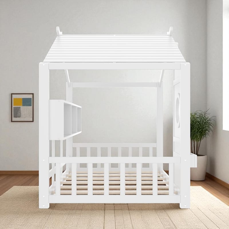 Twin/Full Montessori House Floor Bed with Roof, Storage Shelf, Low Profile Kids Bed, 6 in Mattress, 350/550 lb Capacity