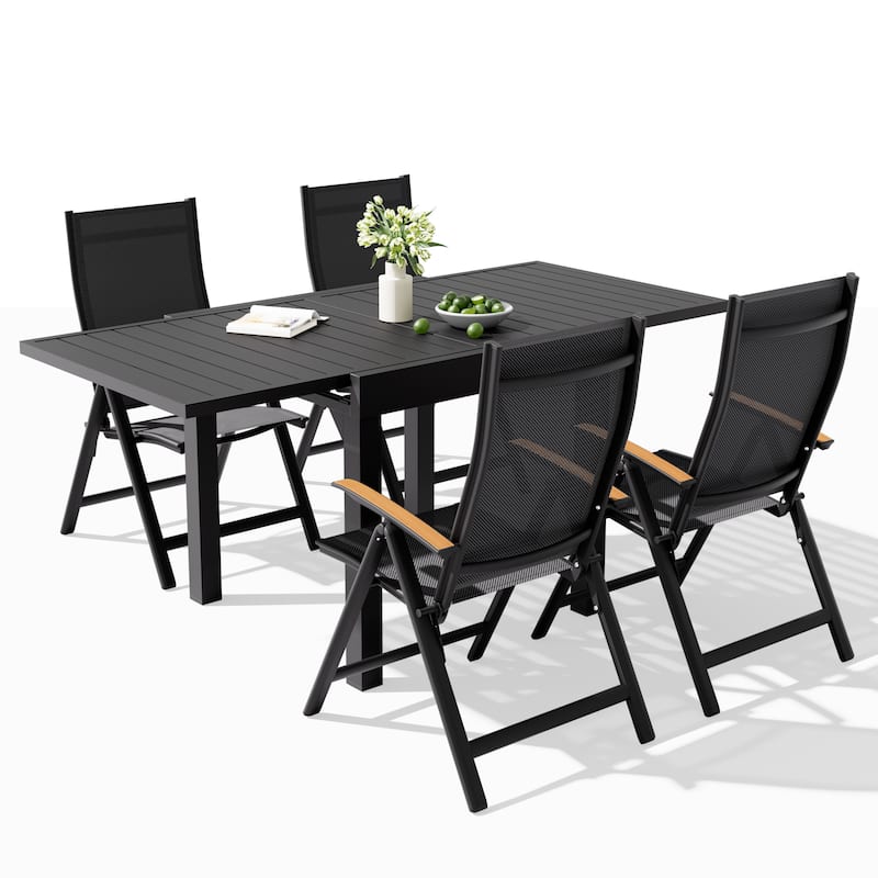 VredHom 5PC Outdoor Patio Aluminum Expandable Rectangle Dining Set Table with Folding Chairs - Black