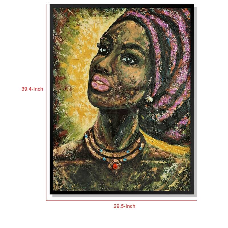 Rin 30 x 39 Hand Painted African Woman, Resin Coat, Warm Greens and Yellows - Gold, Green, Pink, Black