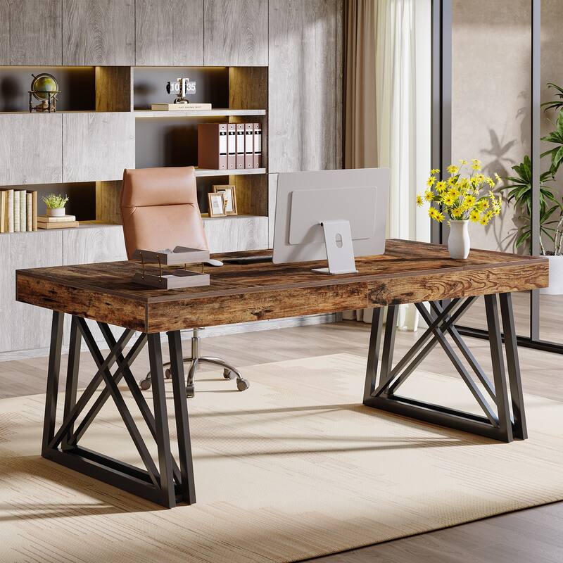 63 Inch Executive Desk, Farmhouse Office Computer Desk with Sturdy X-Shaped Legs