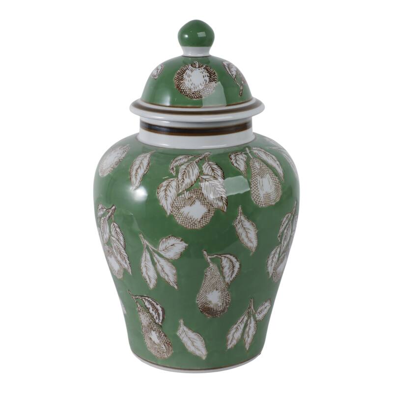 Ceramic Temple Jar Modern Pear Twigs Chinoiserie Design with Lid