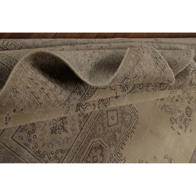 Geometric Beige Tabriz Persian Vintage Rug Handmade Wool Carpet - 8'11" x 11'5"