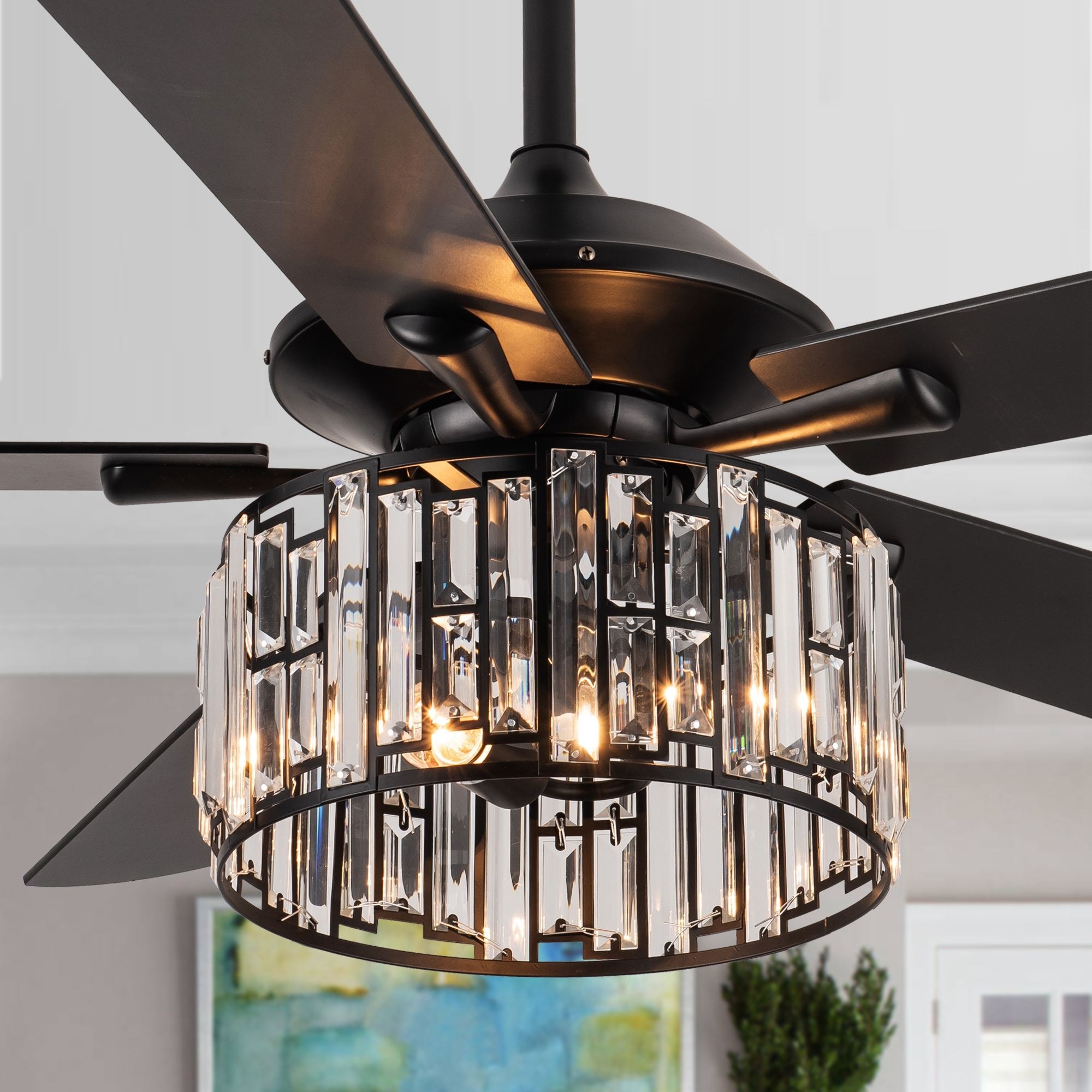 5 - Black Blade Clear Crystal Ceiling Fan with Remote Control for Living  Room