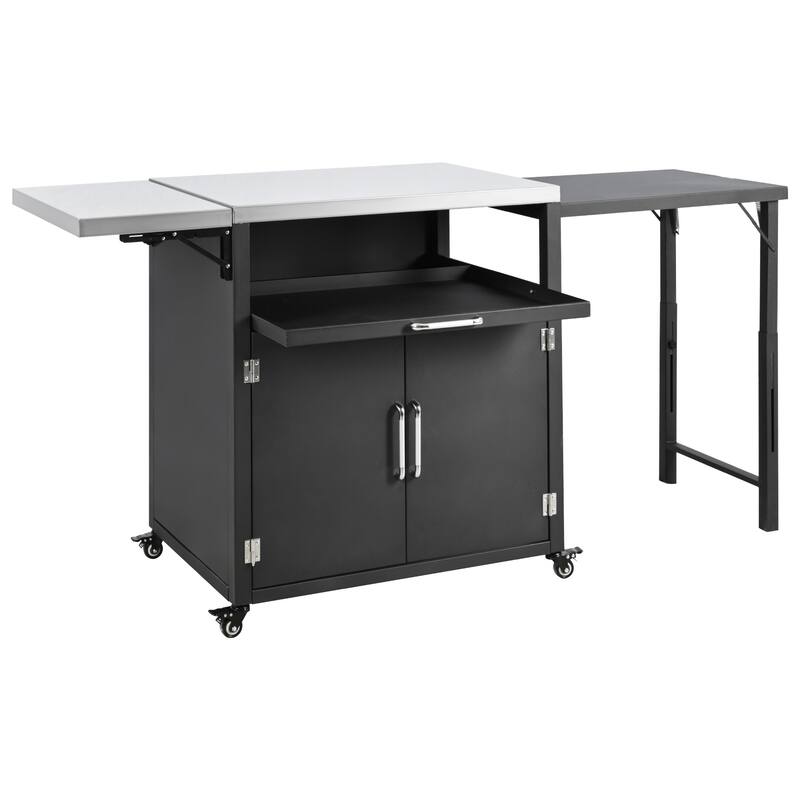 Roomfitters Versatile Outdoor Cabinet with Folding Work Surfaces Lockable Wheels & Ample Storage, Matte Black