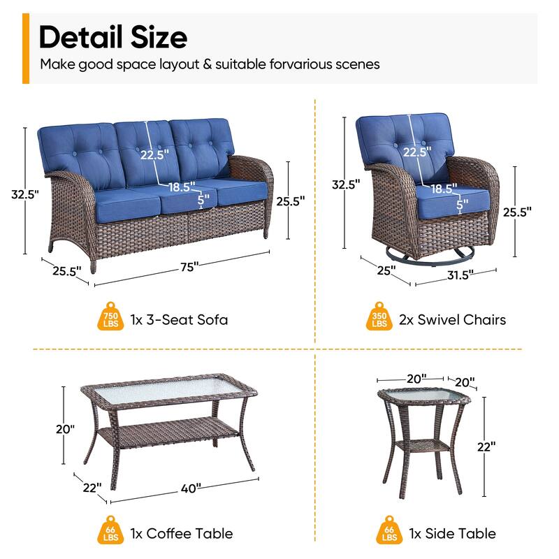 Pocassy 5 Piece Ooutdoor Sofa with Swivel Chair Table