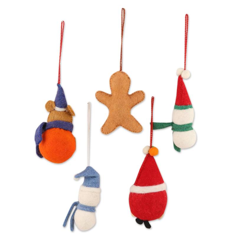 Novica Handmade Christmas Friends Wool Felt Ornaments (Set Of 5)