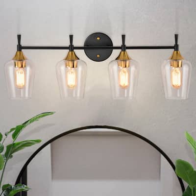 Black and Antique Brass 4-Light Modern Vanity Light with Clear Glass Shades - Black and Antique Brass