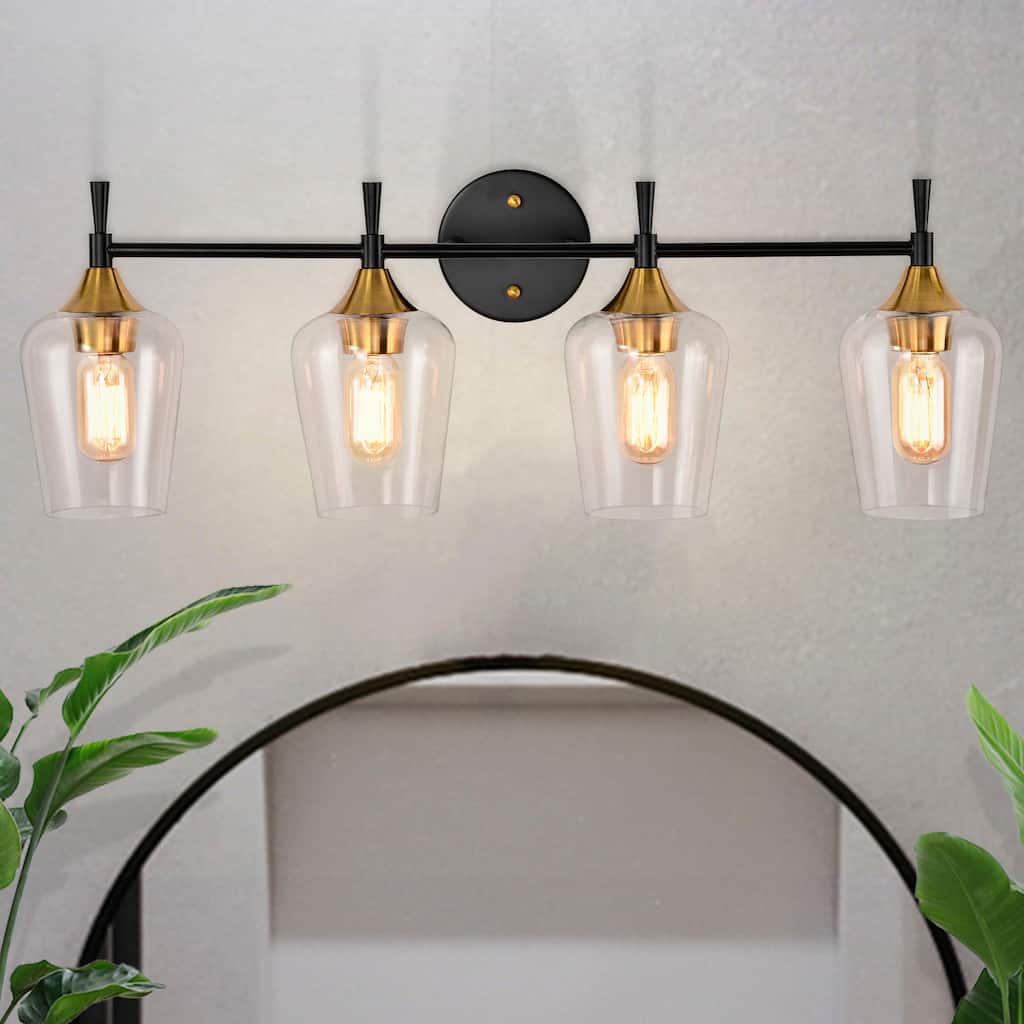 Black and Antique Brass 4-Light Modern Vanity Light with Clear Glass Shades - Black and Antique Brass