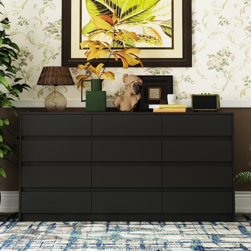 12 Drawer Dresser for Bedroom with Deep Drawers Large Floor Wood Chest - Black