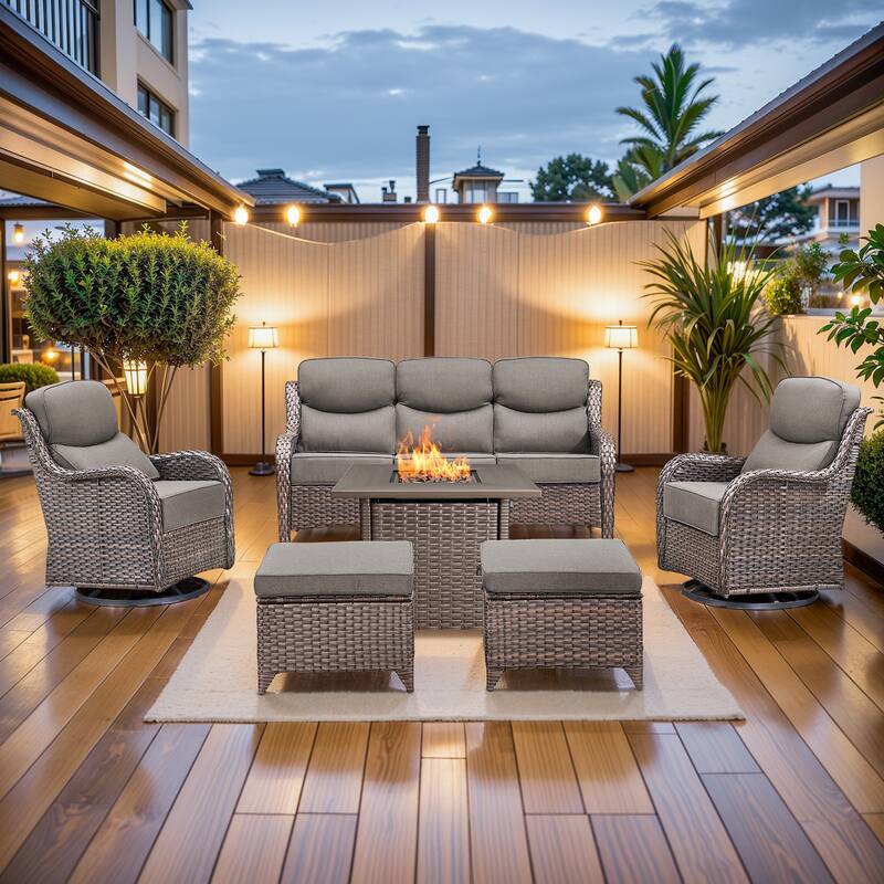 Pocassy Outdoor 6" Sofa Swivel Chair Ottoman with Fire Pit Table - Brown Wicker Gray Cushion - 6 Pieces Sofa Chair Ottoman with Fire Table