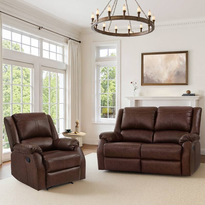 Recliner Set Of 2, Manual Recliner Chair, 2-Piece Faux Leather Upholstered Recliner Sofa For Living Room - Dark brown