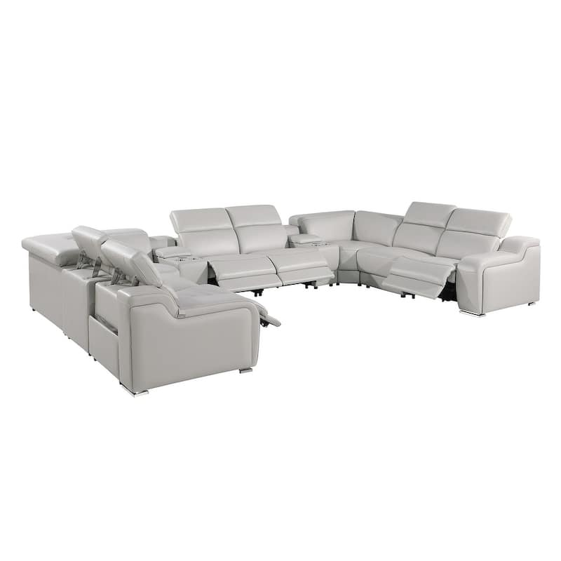 HomeRoots Light Gray Italian Leather Power Reclining U Shaped Ten Piece Corner Sectional With Console