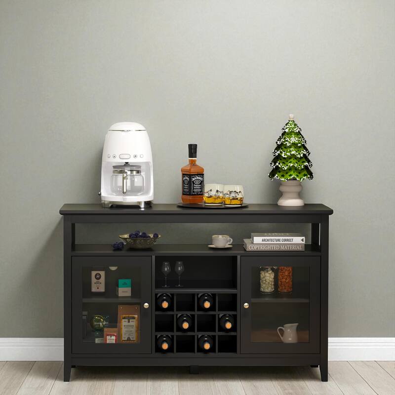 51.80" Storage Buffet Cabinet with Glass Doors and Movable Wine Rack, Adjustable Shelves - Black
