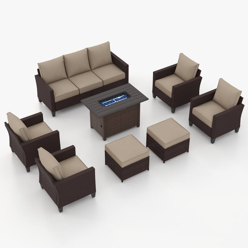 Patio 8-piece Wicker Sectional Sofa Set with Fire Pit