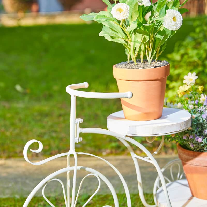 Glitzhome 24"L Spring Metal Tricycle Planter Stands Flower Pot Cart with Wood Trays