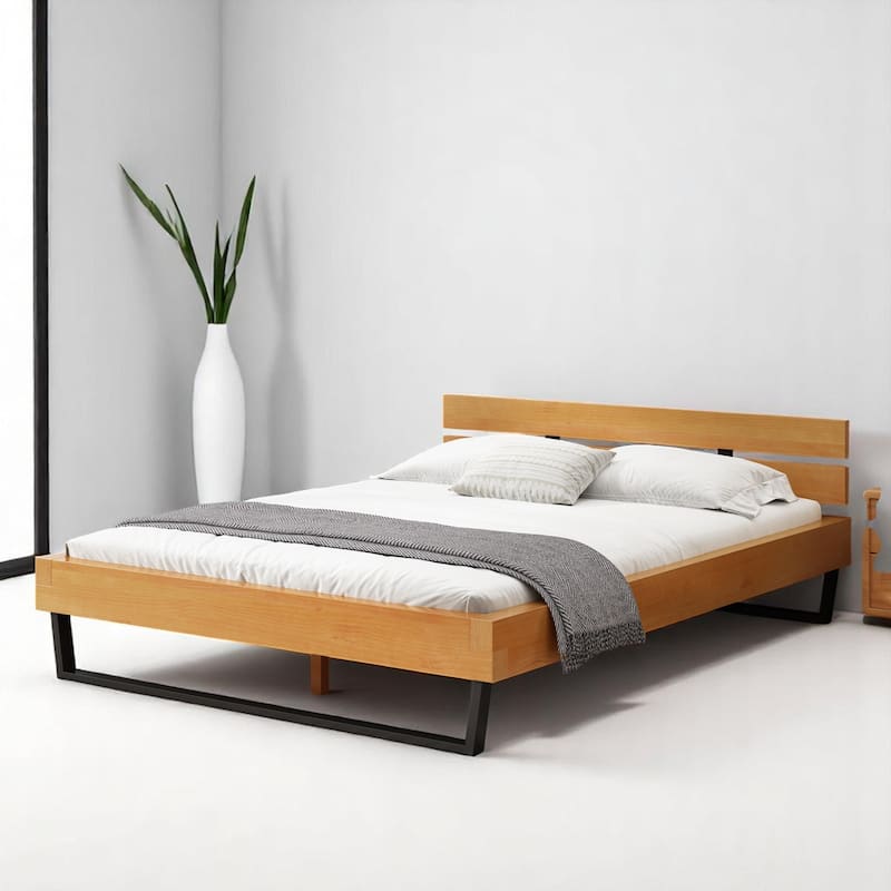 Queen/King Size Bed Frame with Headboard, Solid Pine Wood and Iron Platform Bed, Industrial Modern Design, No Box Spring Needed