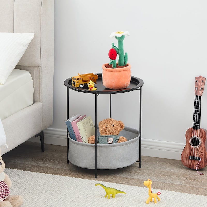 VECELO Small Round Side Table with Removable Tray & Fabric Storage Bin Easy 5-Min Assembly for Living Room Bedroom
