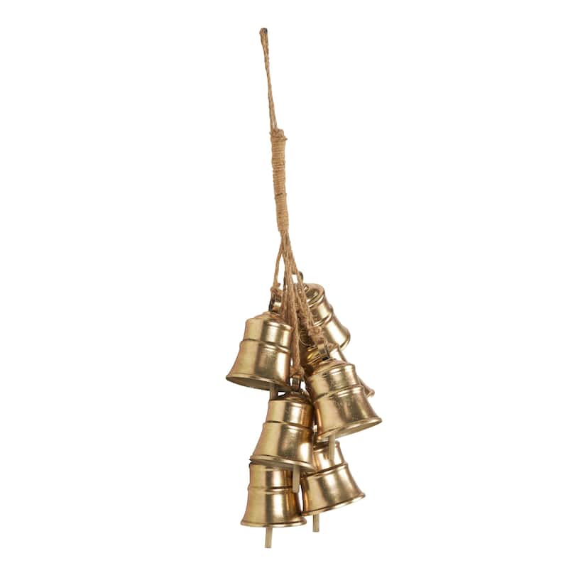 Metal Cascading Cluster Decorative Bells with Jute Hanging Rope - Gold - Roche River Decor