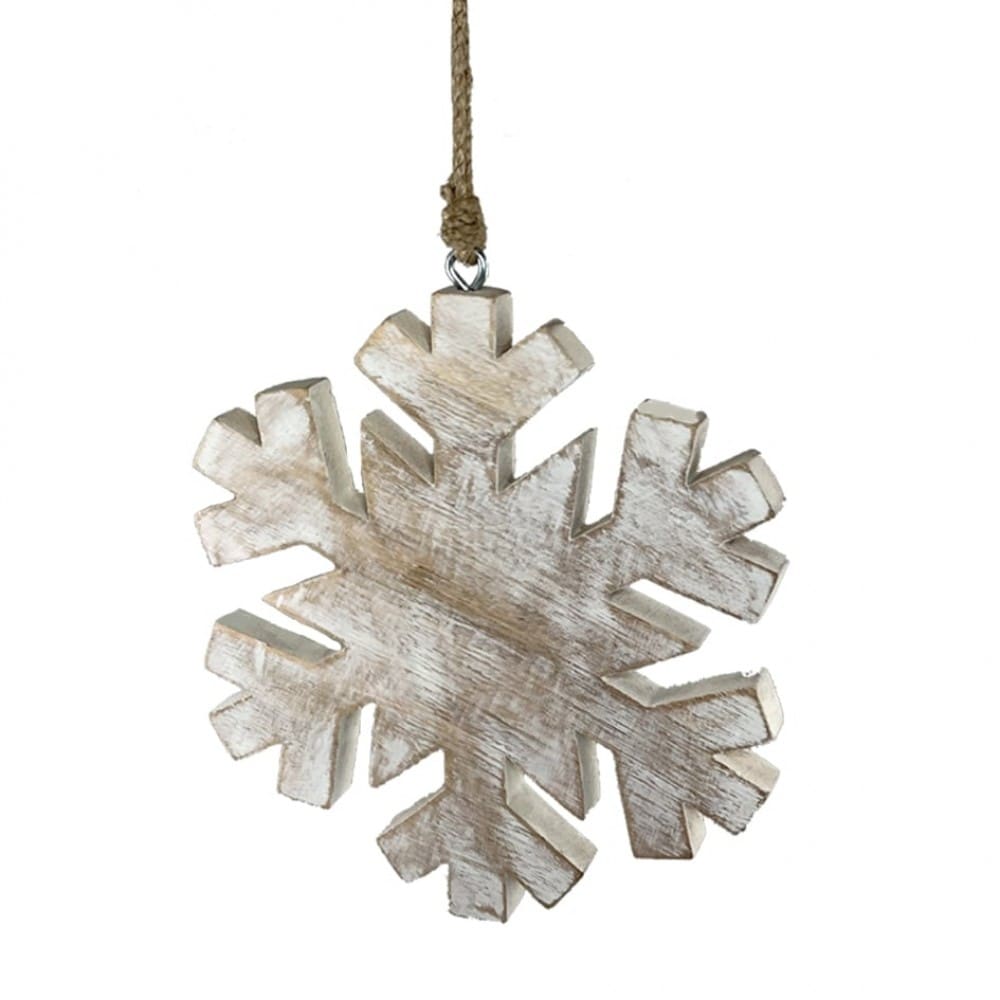 Washed White Hanging Wooden Snowflake Decoration