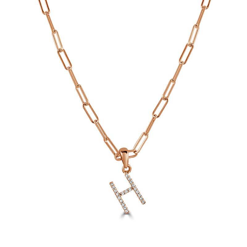 Joelle Collection Diamond Initial Letter Necklace Paperclip 14K Gold 16-inch Chain 1/10 TDW Necklace - H - Rose