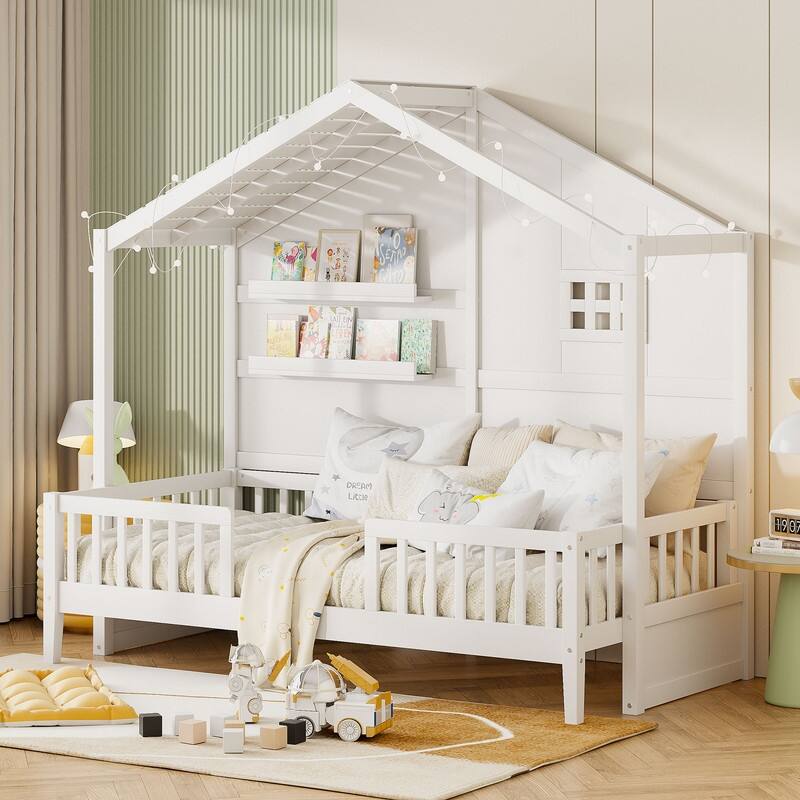 Twin Size House Bed with Shelves, House Bed with Window and Sparkling Light Strip on the Roof - White