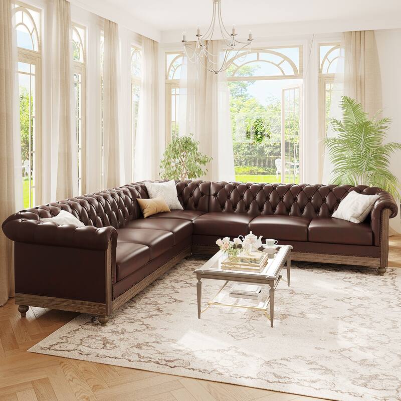 104" Retro Sectional Sofa with Wood Legs & Pocket Springs - Dark Brown