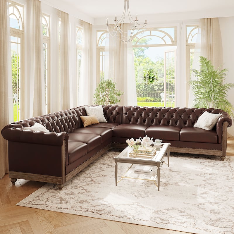Roomfitters Comfy Large Sectional Sofa with Wooden Legs, Retro Upholstered Couch for Living Room - Dark Brown