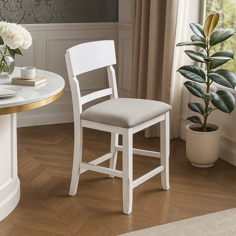 Keyan Counter Height Chair, Set of 2, Foam Gray Fabric Seat, Antique White Wood