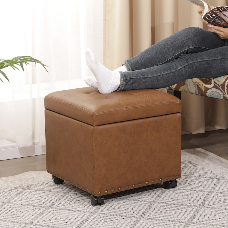 Adeco Bonded Leather Storage Ottoman Square Tufted Cube Footstool