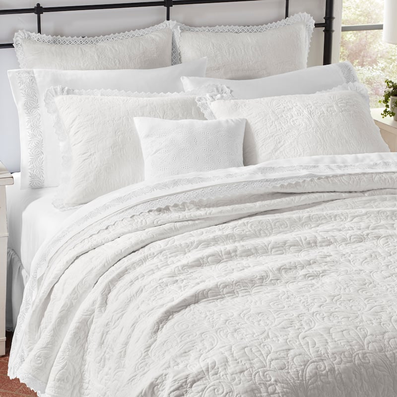 Laura Ashley Heirloom Crochet Cotton Reversible White Quilt Set