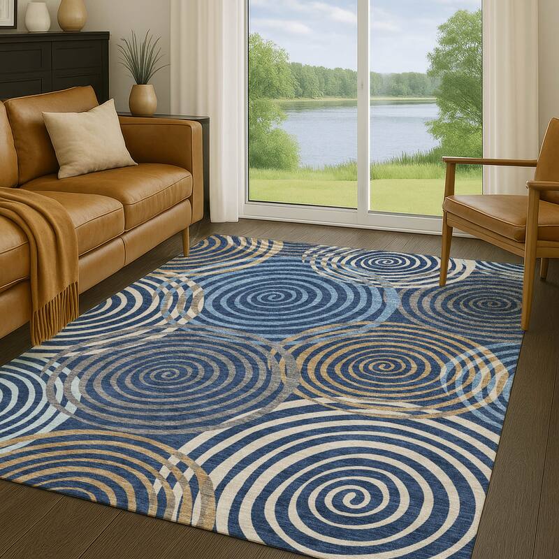 Machine Washable Indoor/ Outdoor Contemporary Swirls Chantille Rug